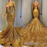 deep v neck mermaid gold prom dresses full sequined long sleeves party dresses evening gown vestido de festa