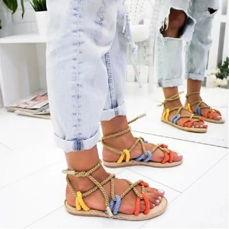 LITTHING Boho/женские сандалии 2019 г. женские на шнуровке из пеньковой веревки в римском