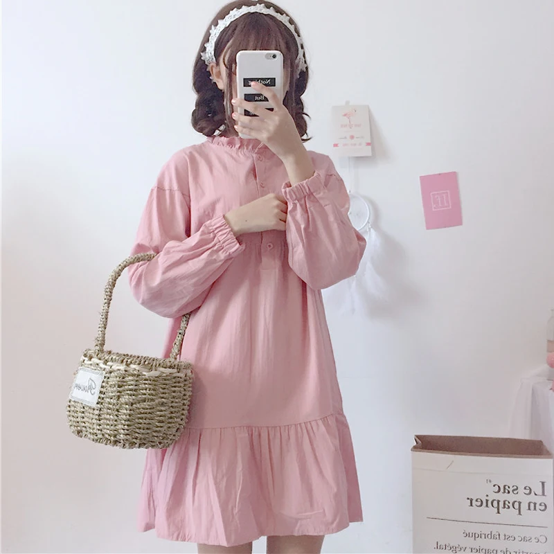 

2018 Mori women's spring and summer women's college style loose loose frill long-sleeved students long casual Dress