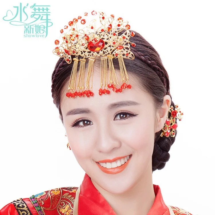 Bridal wedding jewelry classical step shake red fringed hair lighter plug extravagant costume princess jade hairpin accesso | Украшения и