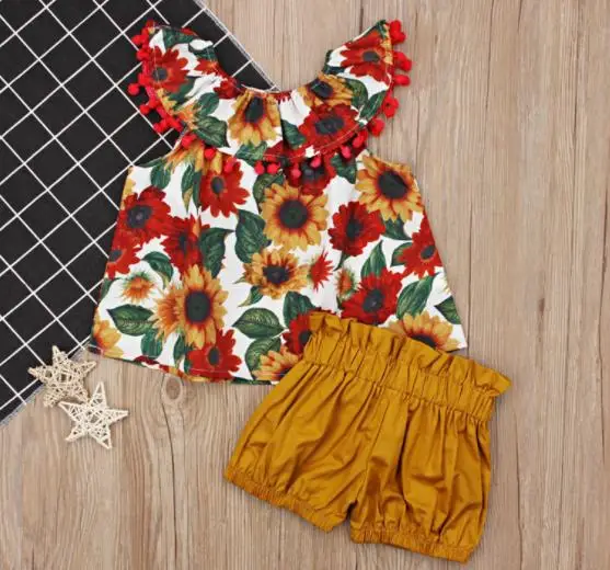 2019 комплект летней одежды для девочек майка с розами и цветочным рисунком +