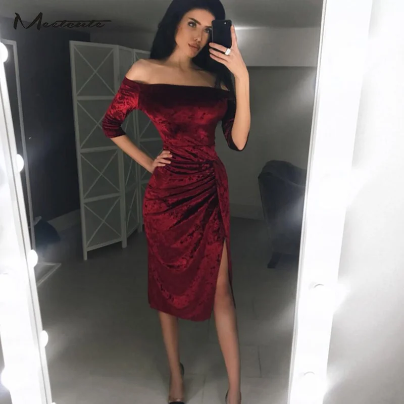 Meetcute New Winter Side Slit Velvet Dresses Woman Wine Red Vintage Dress Off Shoulder Slim Split Elegant Evening Party Vestidos | Женская