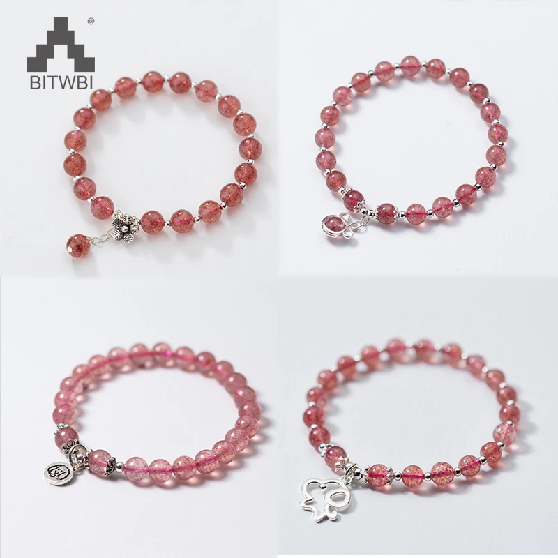 

Natural Strawberry Crystal Round Beads Bracelet Fashion Cute Flower Bear Dog Puppy Charms 925 Silver Bracelets For Women Jewelry