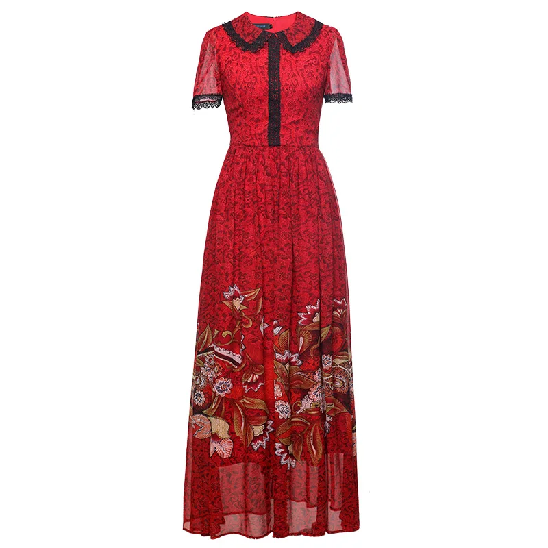 Длинное летнее платье 2018 Для женщин отложным воротником-линия красный цветочный