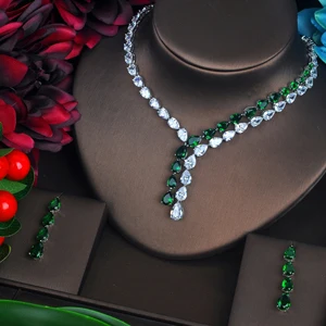 white gold color Hibrid блестящий зеленый набор ювелирных изделий в виде капель воды с кубическим цирконием для женщин, набор свадебных аксессуаров для невесты, N-423 - Окраска металла: white gold color