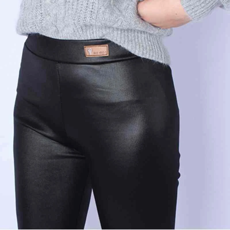 Женские Большие размеры xl 3xl искусственная кожа брюки одноцветное качество поли средней посадки стрейч леггинсы весна-осень карман fit Штаны