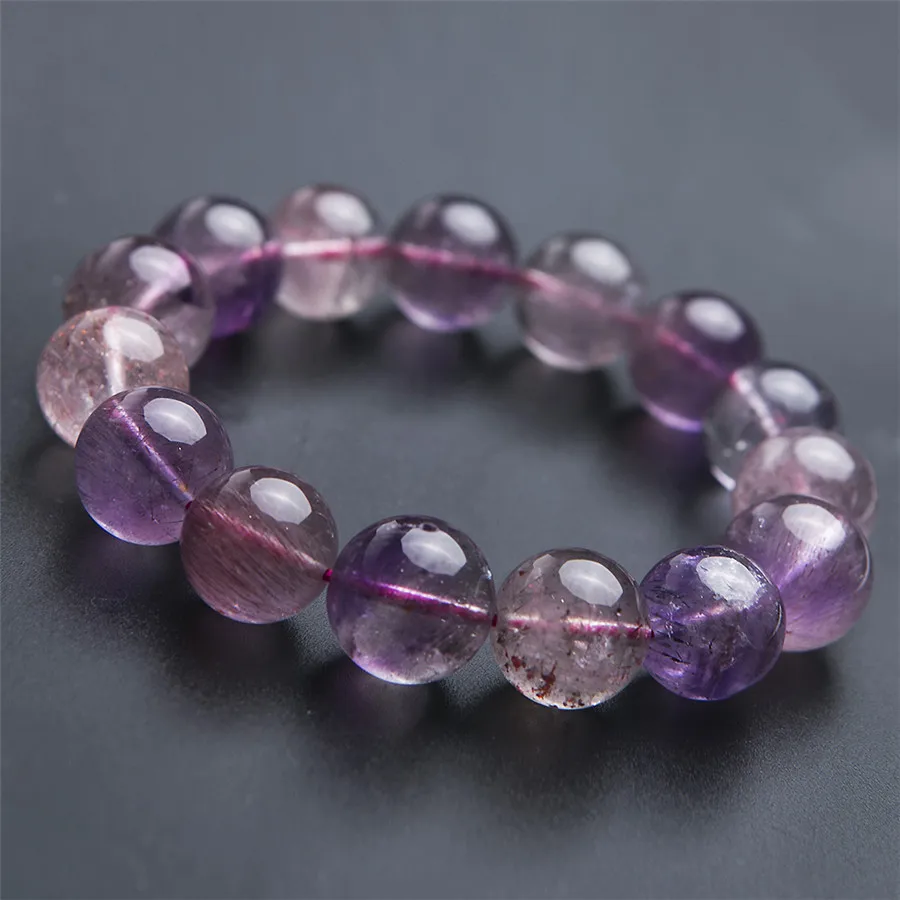 Genuine Natural Purple Rutilated Quartz Bracelet 14mm Women Female Crystal Round Bead Melody Stone Super Seven | Украшения и