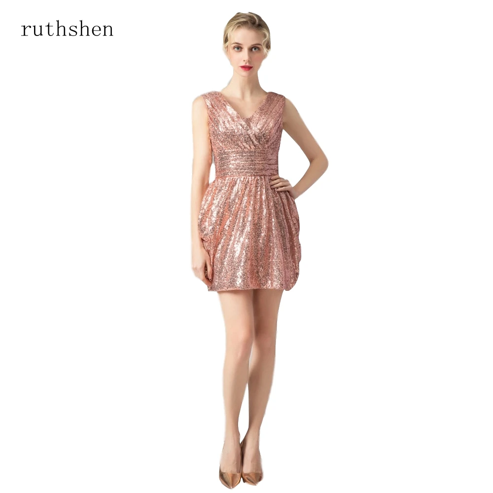 Фото Ruthshen золотистое блестящее короткое платье с глубоким V-образным вырезом для