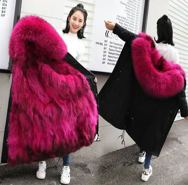 Зимние новые вечерние пальто с натуральным лисьим мехом енота женские длинные