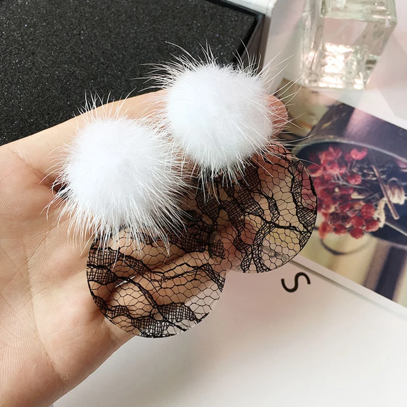 JZTOP Fashion Woman Earrings Acrylic Fur Ball Imitation Lace Big Round Stud For Female Luxury Oorbellen Jewelry | Украшения и