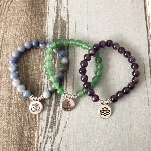 Mix 3 bracelet 3 браслета для унисекс авантюрин и Аметисты на запястье богиня молитва для буддистов, йогов Ом цветок лотоса браслет для медитации - Окраска металла: Mix 3 bracelet
