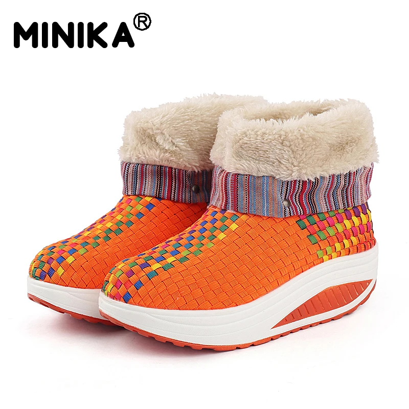 Minika Winter Women Snow Boots With Fur Warm Ankle Outdoor Sneakers Slimming Walking Platform Velvet Wedges Swing Shoes | Обувь