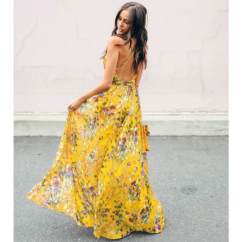 

Backless criss cross maxi chiffon dress women sexy summer beach dresses 2019 Flower sleeveless bohemian dress long vestidos