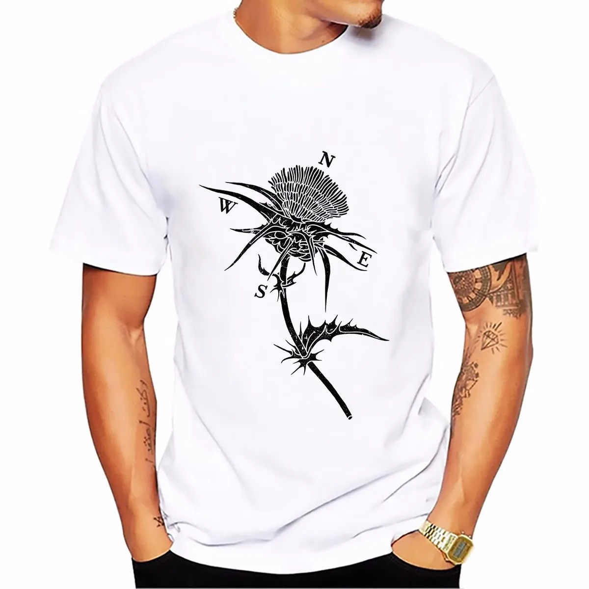 

Direction of flowers Dandelion Compass black and white tshirt Breathable comfort t shirt Short Sleeve Plus Size T-shirt