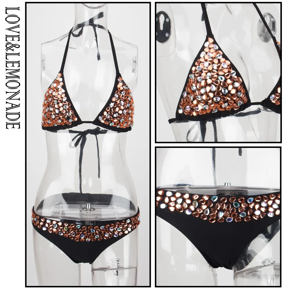 Love & Lemonade черный цвет бисерный нагрудный коврик из двух частей пляжное бикини
