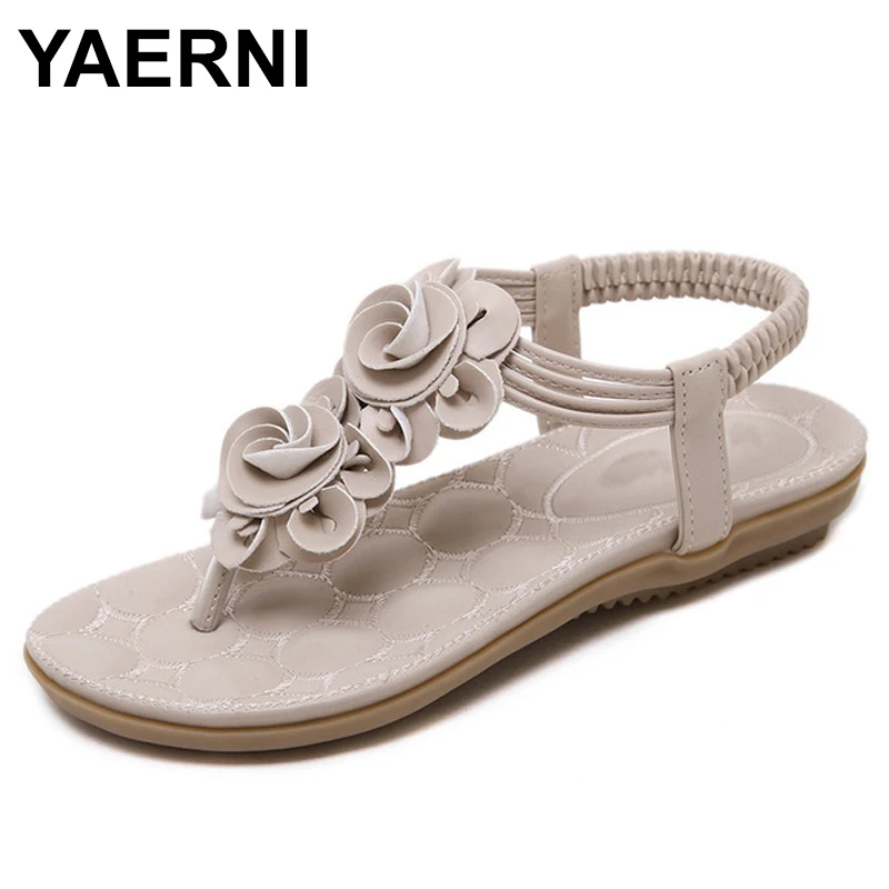 

YAERNI 2021Summer new sweet woman flat sandals bohemian flowers toe sandals women soft comfortable flip flops sandals size 41