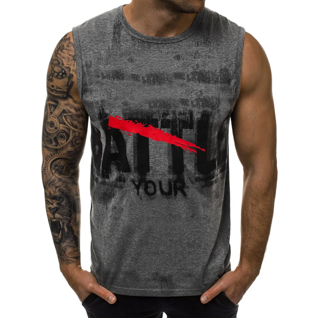 Polyester blouse Men Letter Printed sport men Casual sleeveless top Vest Striped Splice Large Open-Forked Male Daily W0710 | Мужская