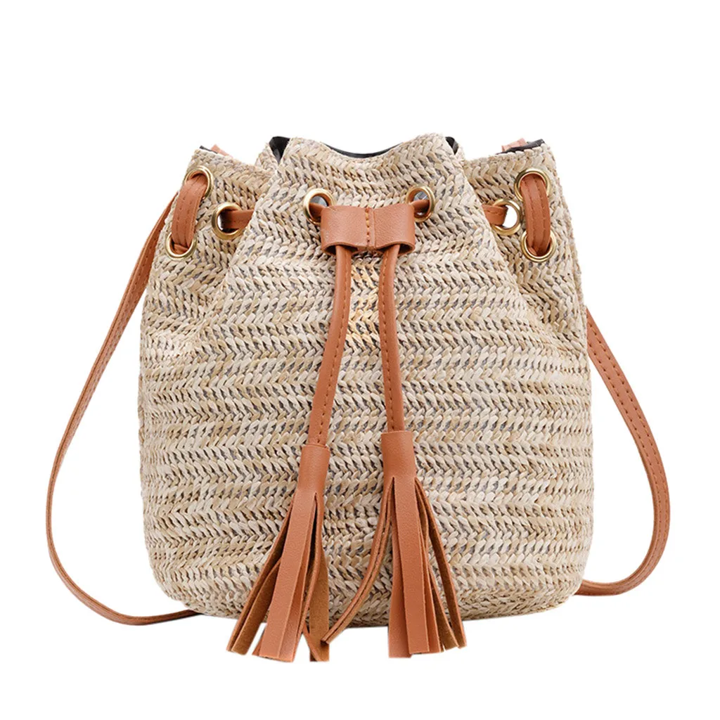 

OCARDIAN Handbags Fashion Lady Straw Bag Bohemian Women Literary Straw Tassel Bucket Wild Shoulder Messenger Bag May4