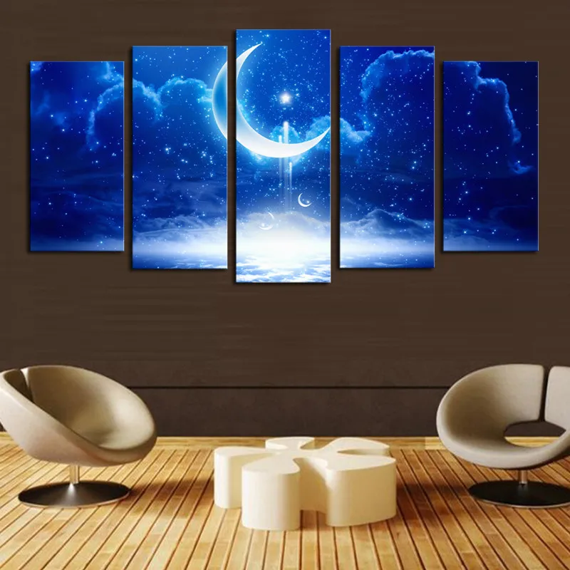 Poster 5 Panels Modern Decorative Picture Wall Pictures for Living Room Moon Starry blue night Sky | Дом и сад