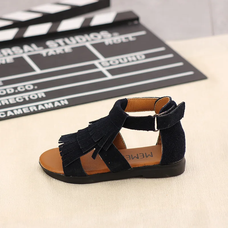 Летние сандалии для девочек Сандалии из натуральной кожи с кисточками