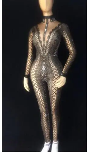 black jumpsuit Желтый, черный или белый комбинезон со стразами, стрейч, цельный, певец танцор ночного клуба, Женская праздничная одежда, сексуальное боди - Цвет: black jumpsuit