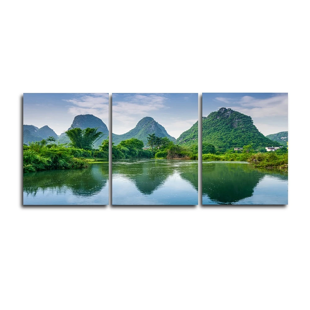 

Laeacco Canvas Calligraphy Painting 3 Panel Green Mountain Wall Artwork Natural Posters and Prints Study Home Living Room Decor