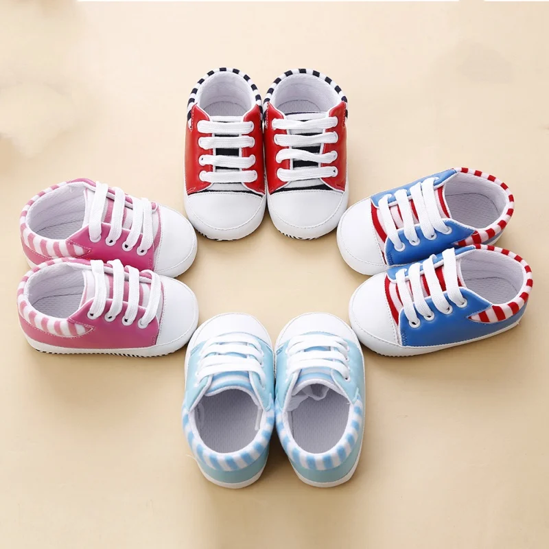 

Infant Baby Striped PU Shoe Toddler Boy Girl Lacing Crib Shoes 0-12 Months New
