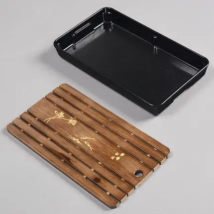 Деревянный чайный поднос с системой дренажа и хранения воды для набора Гунфу, имитирующий керамику высокого качества, большого размера 32,5х19х4 см.
