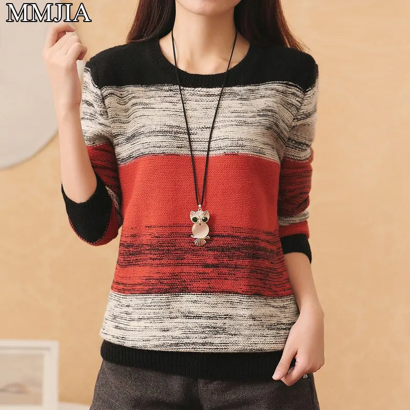 New Fashion Women's Knitted Sweaters Pathwork Long Sleeve O-neck Women Pullovers Casual Woman Loose | Женская одежда