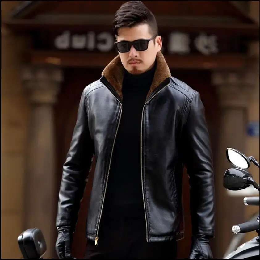 

S-3xl, новинка 2018, осенне-зимняя куртка с меховым воротником, мужская куртка из натуральной кожи среднего возраста, бархатная Меховая куртка н...