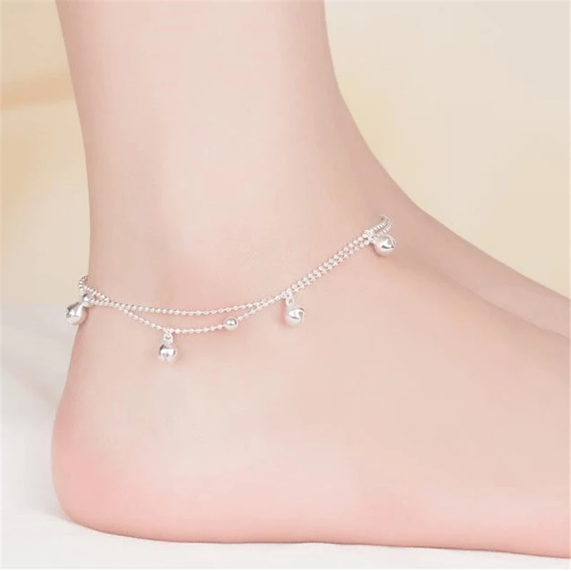 KOFSAC New Fashion 925 Sterling Silver Anklets For Women Beach Party Cute Beads Chain Bells Bracelets Foot Jewelry Girl Gifts images - 6