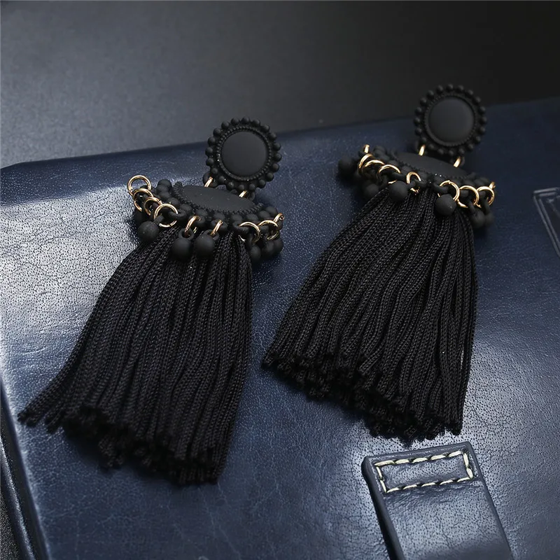 Длинные серьги кисточки в стиле бохо 2019 модные черные и розовые подвески с