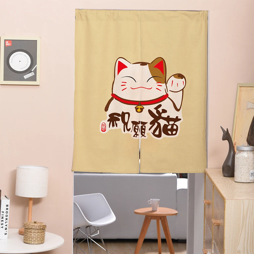 Японский двери Шторы белье хлопок волна с принтом кота для Гостиная Творческий