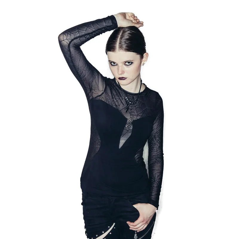 

Devil Fashion Women Ladies Long Sleeve Close Fitting Transparent Knitted Spider T-shirts Black Color O-neck Hollow Out T Shirts