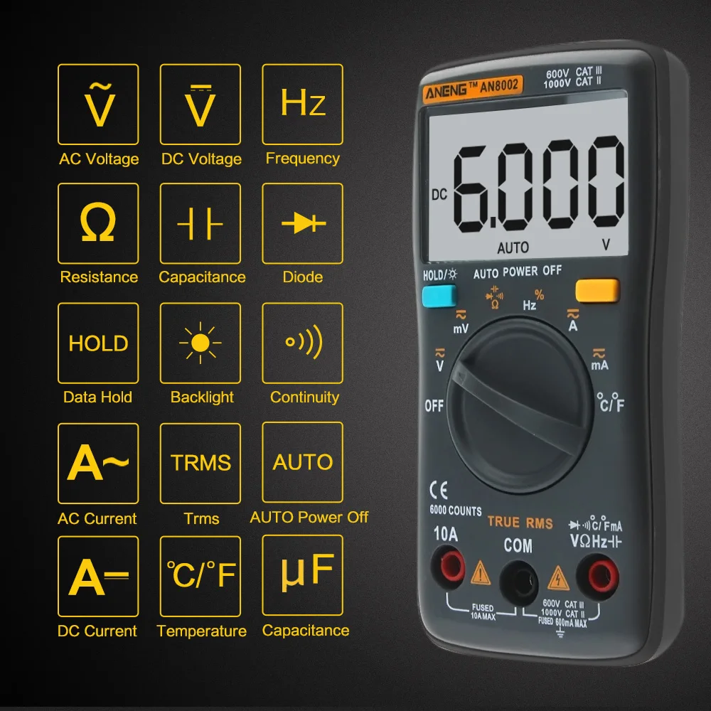 

AN8002 Digital Multimeter 6000 Counts AC / DC Ammeter Voltmeter ohm Current Power Meter Temperature Electronic Test