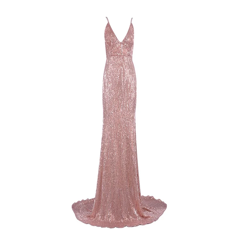 D116 high end v-neck floor length backless silver sequin dress | Женская одежда
