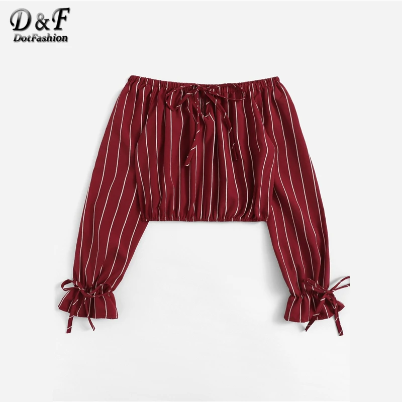Dotfashion/Бордовые женские топы и блузки в полоску с открытыми плечами и завязками на манжетах для женщин; коллекция года; сезон осень; Укороченная рубашка с длинным рукавом
