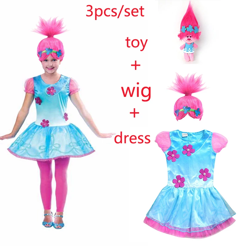 Wig dress toy set Новинка года; карнавальный костюм платье с троллями; детское кружевное платье с рисунком мака; Одежда для маленьких девочек; Детские вечерние платья Vaiana Vestido - Цвет: Wig dress toy set
