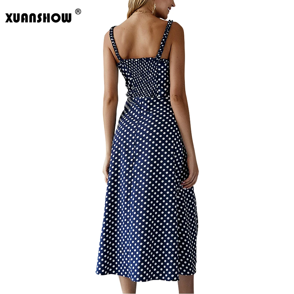 

XUANSHOW Ropa Mujer 2019 Bohemian Ruffles Wave Point Spaghetti Strap Backless Women's Dresses Casual Harajuku Split Long Dress