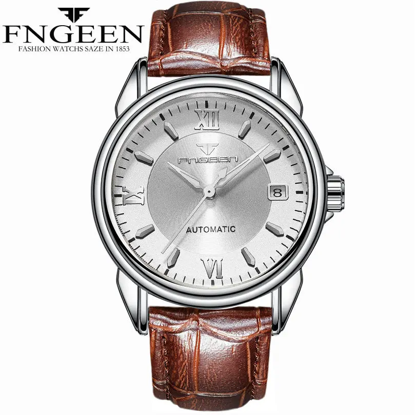leather silver white FNGEEN, новая мода, топ, люксовый бренд, часы для мужчин, деловые часы, нержавеющая сталь, часы для мужчин, Автоматическая Дата, Relogio Masculino - Цвет: leather silver white