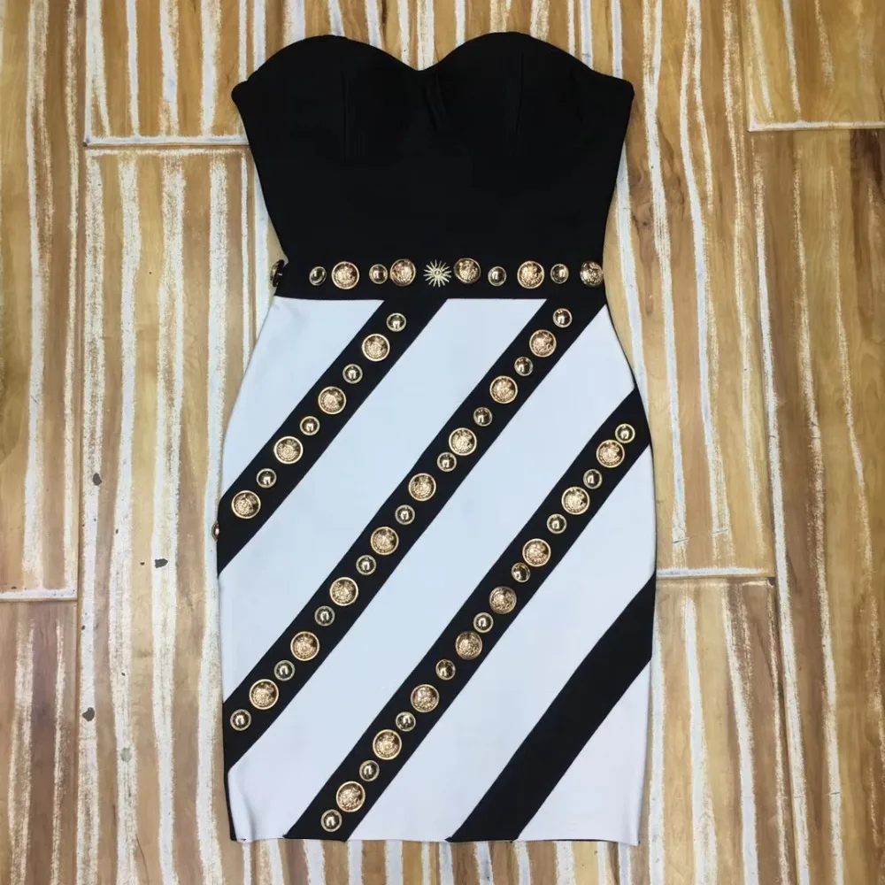 

Top Quality Sexy Strapless Button Patchwork Rayon Bandage Dress 2019 Knitted Elastic Party Dress