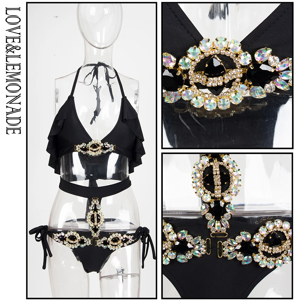 

LOVE&LEMONADE Black Rhinestone Ornament Decoration Cut Out Two-Pieces Beach Sets LM81075