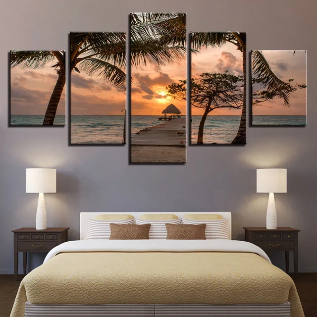 

Modern Home Decor Living Room 5 Pieces Tropical Trees Wall Art Poster Bridge Sunset Scenery Canvas Painting Framed Drop Shipping