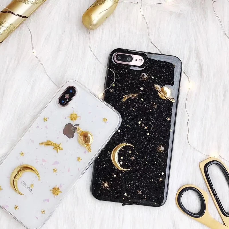 Gold Moon Stars Planet Phone Case For iphone X 6S 6 7 8 Plus Bling Glitter Universe Series Cover Cases Capa |