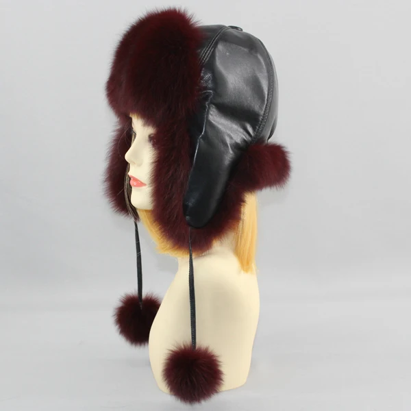 Hot Sell Genuine Fox Fur Hats Genuine Raccoon Fox Fur Russian Ushanka Cap Winter Quality Thick Warm Fox Fur Bomber Hat - Color: wine