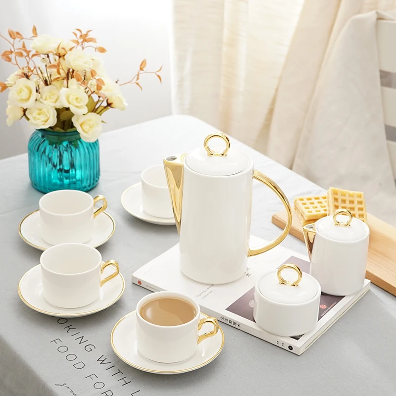 

11 pcs luxury modern gold ceramic bone china Tea Coffee Sets 1 teapot 4 cups 4 saucers 1 sugar pot 1 creamer table decoration