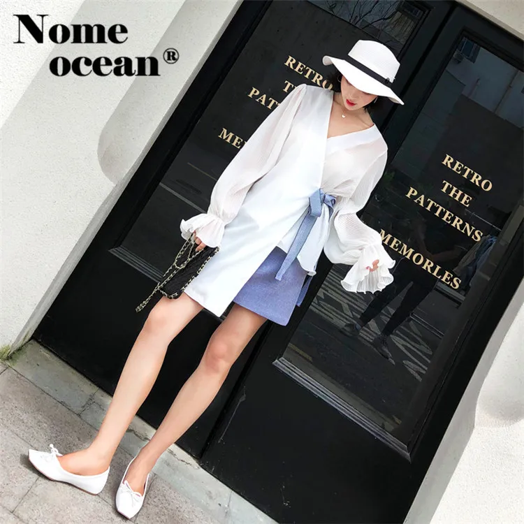 Белая Асимметричная женская блузка в стиле пэчворк с v образным вырезом Harajuku Blusas