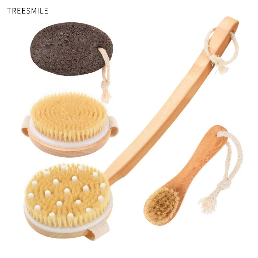 

TREESMILE Bath Brush Natural Bristle Body Dry Brush Long Handle Wooden Back Massage Health Bath Brush Body Clean Brush D40