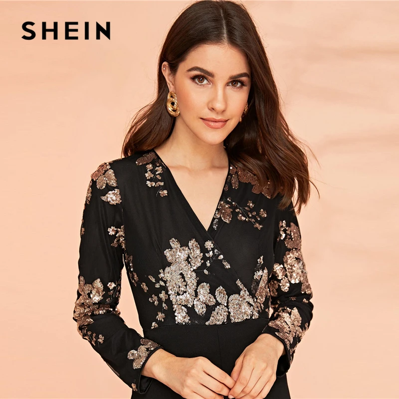 SHEIN комбинезон с широкими штанинами и блестками, черный элегантный комбинезон с длинными рукавами и v-образным вырезом, весенне-Осенние Комбинезоны с широкими штанинами