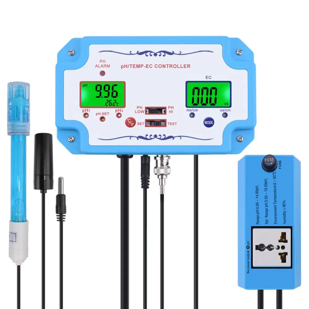 US plug Yieryi 3 в 1 pH/EC/TEMP датчик качества воды pH контроллер разъем реле Repleaceable электрод Тип BNC зонд тестер воды - Цвет: US plug
